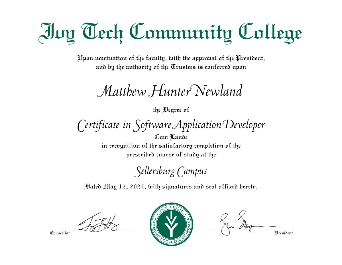 Certificate in Software Application Developer issued by Ivy Tech Community College